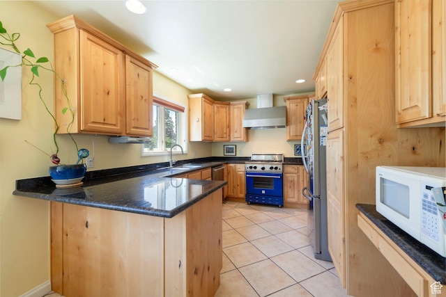 3555 E Hermes Dr S, Salt Lake City, UT 84124 - kitchen with appliances with stainless steel finishes, wall chimney exhaust hood, a peninsula, light brown cabinetry, and a sink