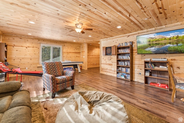 4708 Red Fir Way, Oakley, UT 84055 - living room with wooden ceiling, wood finished floors, wooden walls, a ceiling fan, and recessed lighting