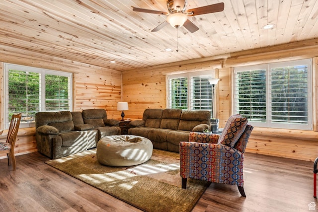 4708 Red Fir Way, Oakley, UT 84055 - living area featuring wood ceiling, ceiling fan, wood finished floors, plenty of natural light, and recessed lighting