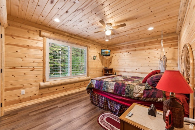 4708 Red Fir Way, Oakley, UT 84055 - bedroom featuring wooden ceiling, wood finished floors, wooden walls, recessed lighting, and ceiling fan