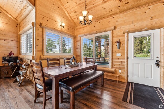 4708 Red Fir Way, Oakley, UT 84055 - dining area with lofted ceiling, wooden ceiling, a chandelier, dark wood-style flooring, and wood walls