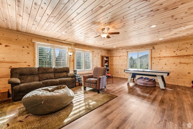 4708 Red Fir Way, Oakley, UT 84055 - living area featuring wood ceiling, plenty of natural light, wood finished floors, wood walls, and a ceiling fan
