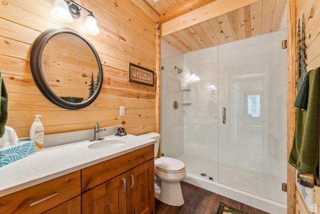 4708 Red Fir Way, Oakley, UT 84055 - bathroom featuring vanity, a stall shower, wooden walls, toilet, and wood finished floors