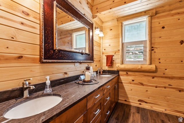 4708 Red Fir Way, Oakley, UT 84055 - bathroom featuring wooden walls, double vanity, and wood finished floors