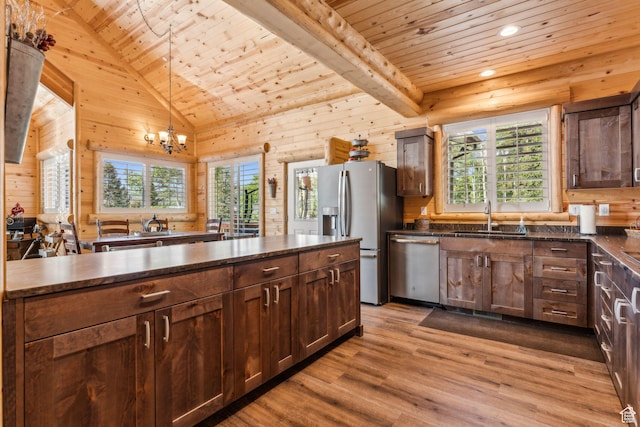 4708 Red Fir Way, Oakley, UT 84055 - kitchen featuring appliances with stainless steel finishes, wooden ceiling, a sink, plenty of natural light, and light wood-type flooring