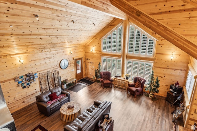 4708 Red Fir Way, Oakley, UT 84055 - living room featuring wooden walls, wood finished floors, plenty of natural light, wood ceiling, and vaulted ceiling