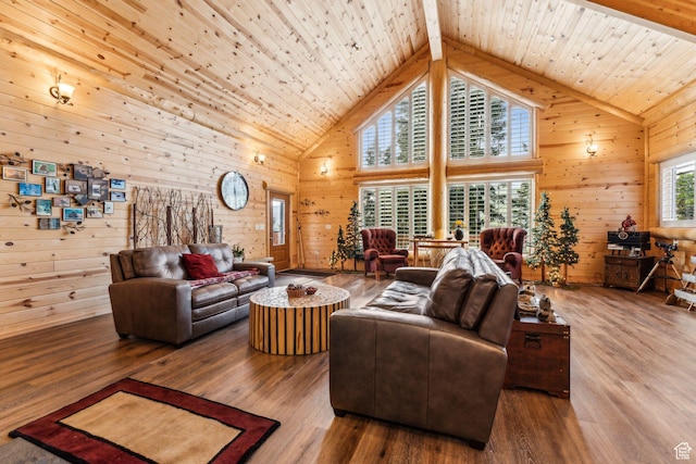 4708 Red Fir Way, Oakley, UT 84055 - living area with wooden walls, high vaulted ceiling, wood finished floors, and wood ceiling with exposed beams