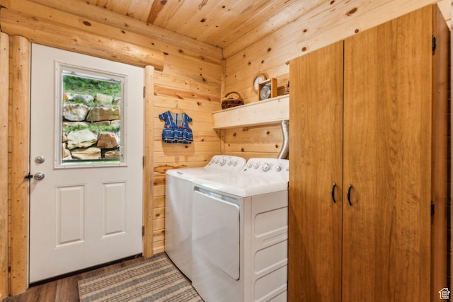 4708 Red Fir Way, Oakley, UT 84055 - laundry area with independent washer and dryer, wooden ceiling, wood walls, and wood finished floors