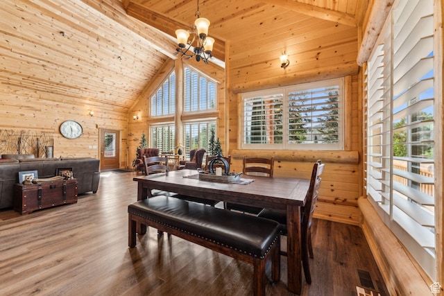 4708 Red Fir Way, Oakley, UT 84055 - dining space with wood ceiling, wooden walls, a chandelier, high vaulted ceiling, and wood finished floors