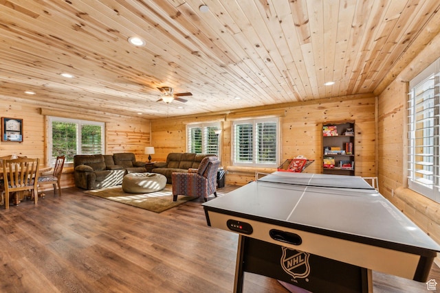 4708 Red Fir Way, Oakley, UT 84055 - game room with wood ceiling, wood finished floors, wood walls, recessed lighting, and ceiling fan