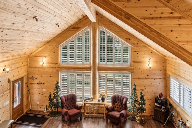 4708 Red Fir Way, Oakley, UT 84055 - sitting room with wood ceiling with exposed beams, wood walls, hardwood / wood-style floors, and high vaulted ceiling