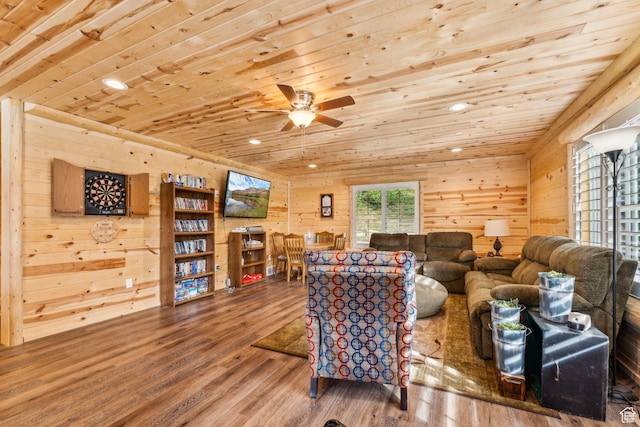 4708 Red Fir Way, Oakley, UT 84055 - living area featuring wood ceiling, wood finished floors, recessed lighting, ceiling fan, and wood walls