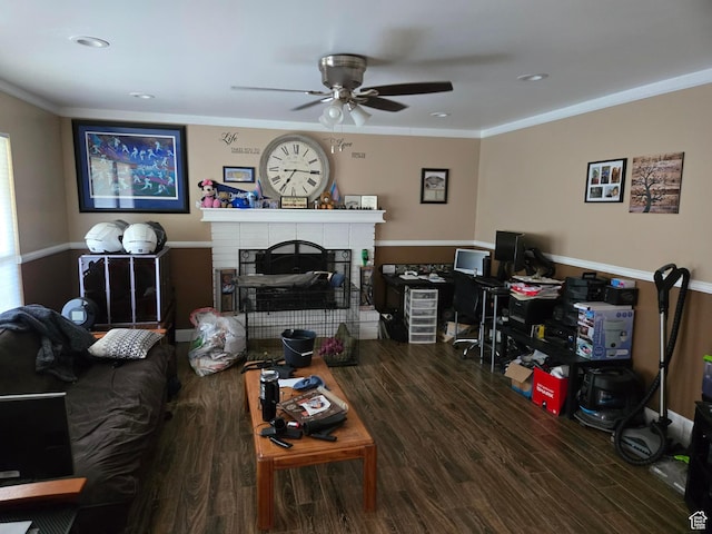 2610 W Bueno Vista Dr S, West Jordan, UT 84088 - living area featuring a ceiling fan, a brick fireplace, wood finished floors, ornamental molding, and recessed lighting
