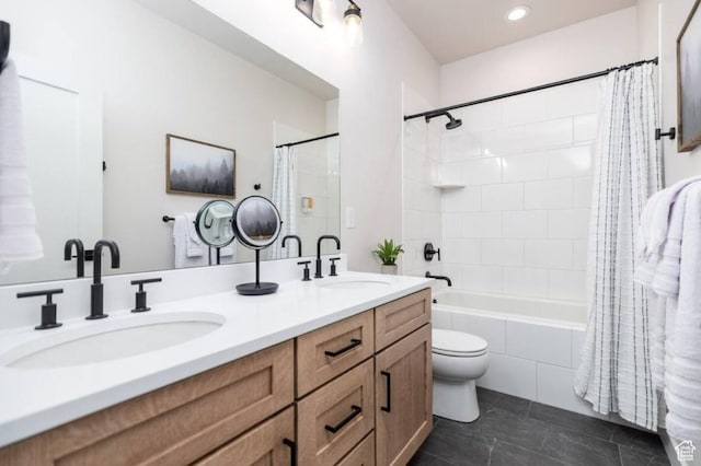 12852 N Belaview Way, Hideout, UT 84036 - full bath with shower / bath combination with curtain, toilet, double vanity, and tile patterned flooring