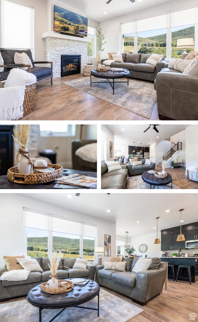12852 N Belaview Way, Hideout, UT 84036 - living area featuring wood finished floors, a fireplace, and healthy amount of natural light