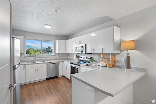 67 W 600 S Unit B204, Springville, UT 84663 - kitchen with stainless steel appliances, a sink, a peninsula, light wood-style floors, and light countertops