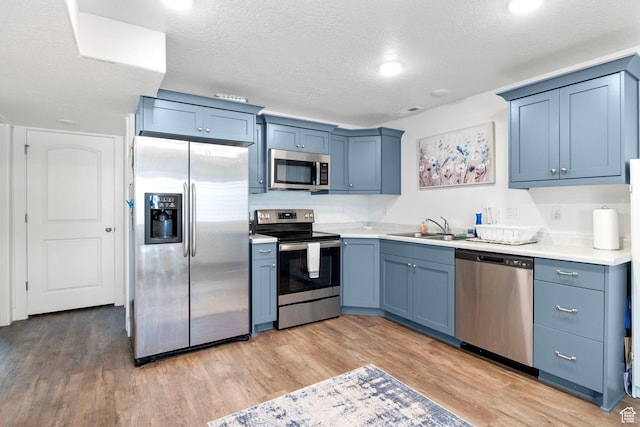 432 W 1470 N, Tooele, UT 84074 - kitchen featuring stainless steel appliances, light wood finished floors, light countertops, blue cabinetry, and a textured ceiling