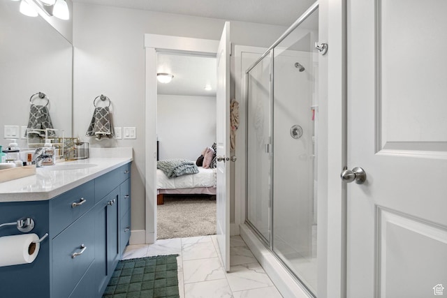 432 W 1470 N, Tooele, UT 84074 - ensuite bathroom featuring vanity, marble look tiles, and a shower stall