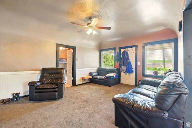 1411 E 13000 N, Cove, UT 84320 - carpeted living room with ceiling fan and a wainscoted wall