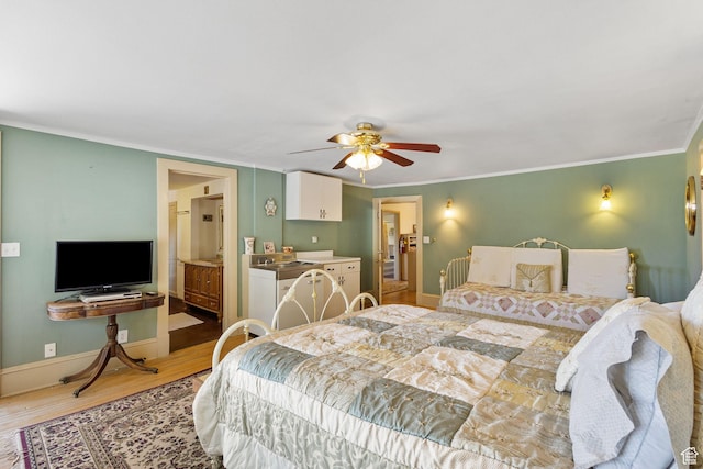 331 Beck St, Eureka, UT 84628 - bedroom featuring wood finished floors, ornamental molding, baseboards, ceiling fan, and ensuite bath