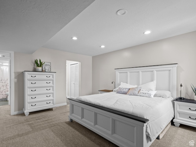 343 Peach Ln, Bountiful, UT 84010 - bedroom featuring light colored carpet, recessed lighting, baseboards, a closet, and ensuite bath