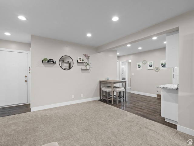 343 Peach Ln, Bountiful, UT 84010 - dining space with recessed lighting, baseboards, dark wood-type flooring, and dark colored carpet