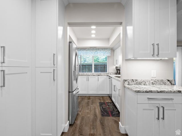 343 Peach Ln, Bountiful, UT 84010 - kitchen featuring appliances with stainless steel finishes, dark wood-type flooring, white cabinetry, light stone counters, and recessed lighting