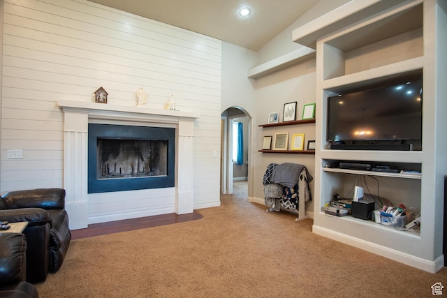286 E 850 N, Richfield, UT 84701 - carpeted living area with arched walkways, lofted ceiling, a fireplace, and recessed lighting