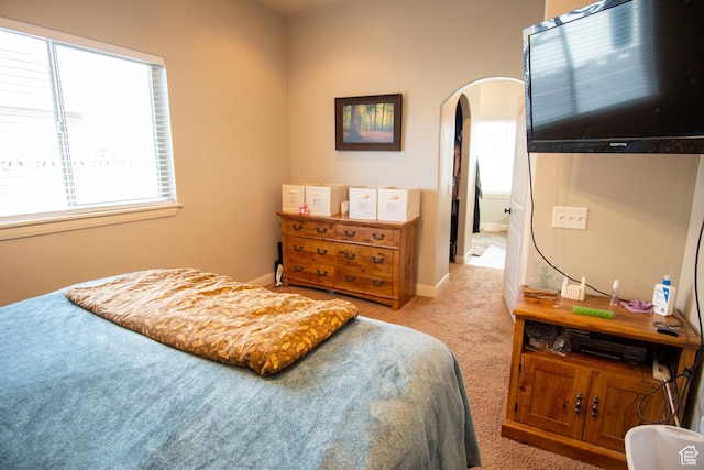 286 E 850 N, Richfield, UT 84701 - bedroom featuring arched walkways, light carpet, and baseboards