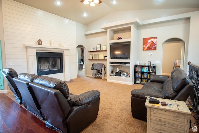 286 E 850 N, Richfield, UT 84701 - living area with arched walkways, lofted ceiling, built in shelves, a fireplace with flush hearth, and recessed lighting