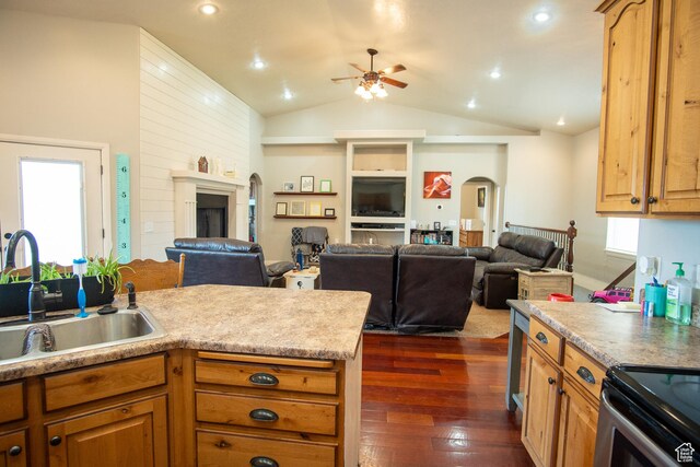 286 E 850 N, Richfield, UT 84701 - kitchen with ceiling fan, a sink, open floor plan, lofted ceiling, and dark wood-style floors