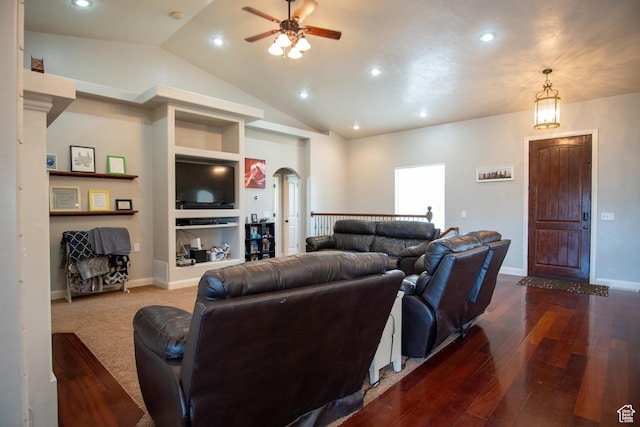 286 E 850 N, Richfield, UT 84701 - living room with a ceiling fan, arched walkways, lofted ceiling, recessed lighting, and wood finished floors