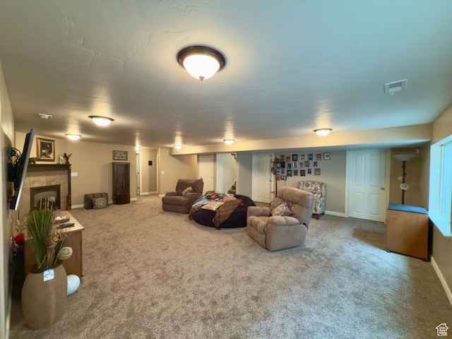 3322 N 750 E, Lehi, UT 84043 - carpeted living room featuring stairway, baseboards, and a fireplace