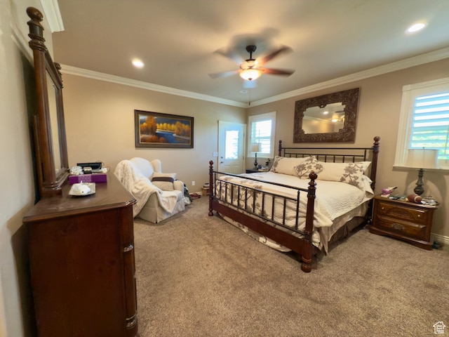 3322 N 750 E, Lehi, UT 84043 - carpeted bedroom with multiple windows, baseboards, crown molding, ceiling fan, and recessed lighting