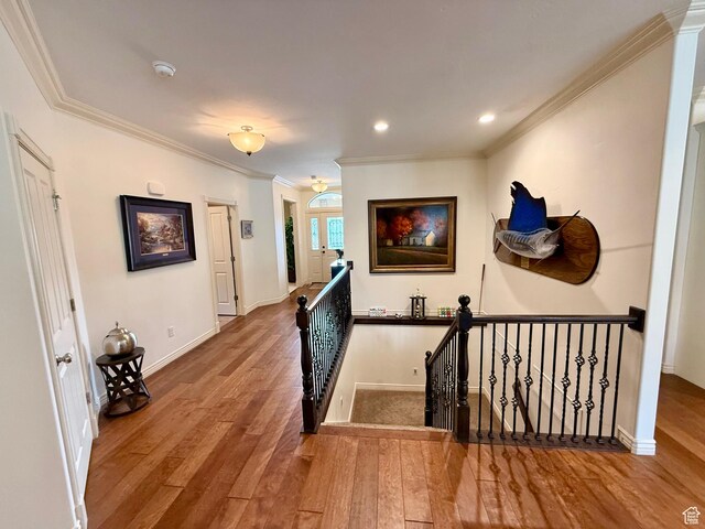 3322 N 750 E, Lehi, UT 84043 - hall with an upstairs landing, wood finished floors, ornamental molding, baseboards, and recessed lighting