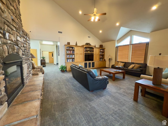 3322 N 750 E, Lehi, UT 84043 - living area featuring high vaulted ceiling, a stone fireplace, a ceiling fan, carpet floors, and recessed lighting