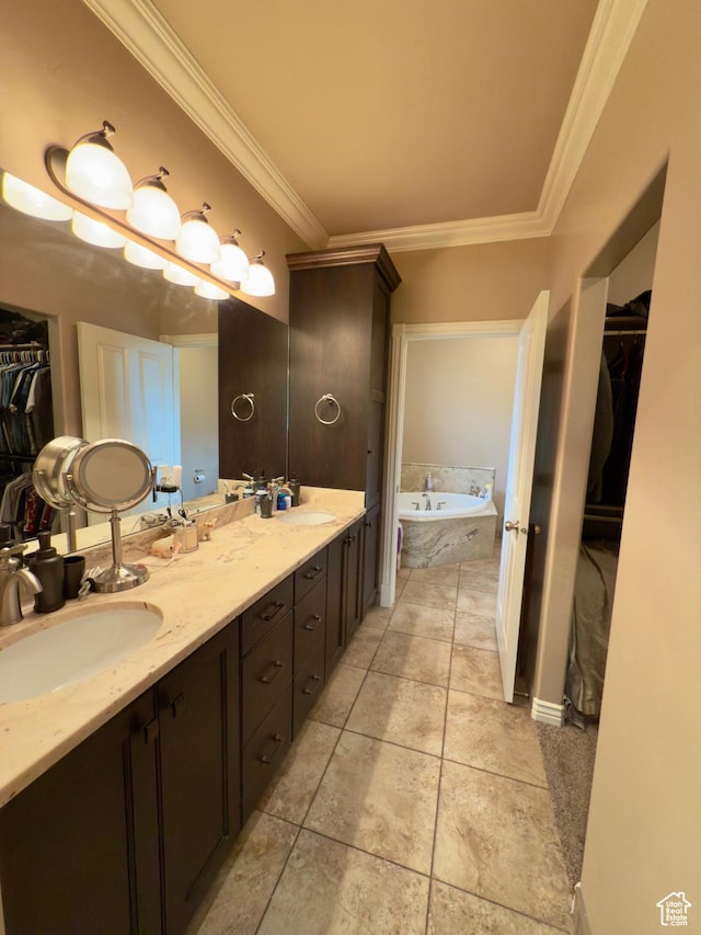 3322 N 750 E, Lehi, UT 84043 - full bath with crown molding, a bath, double vanity, a walk in closet, and tile patterned floors