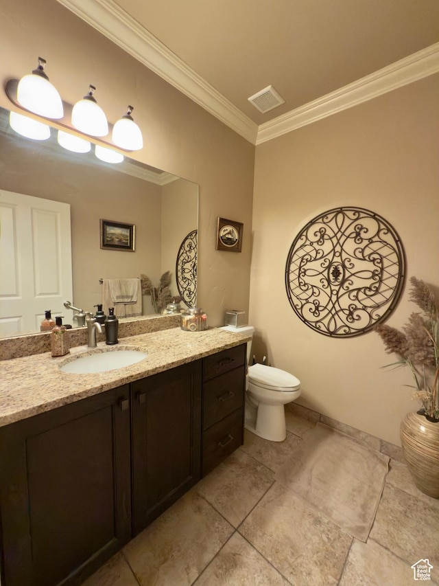 3322 N 750 E, Lehi, UT 84043 - half bath featuring crown molding, toilet, vanity, and tile patterned floors