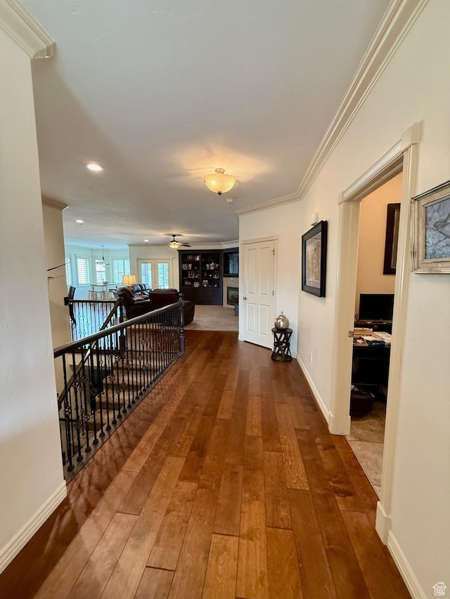 3322 N 750 E, Lehi, UT 84043 - hall featuring dark wood-style flooring, baseboards, ornamental molding, an upstairs landing, and recessed lighting