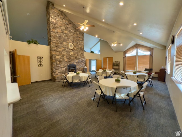 3322 N 750 E, Lehi, UT 84043 - dining area with a ceiling fan, high vaulted ceiling, carpet flooring, recessed lighting, and a wood stove