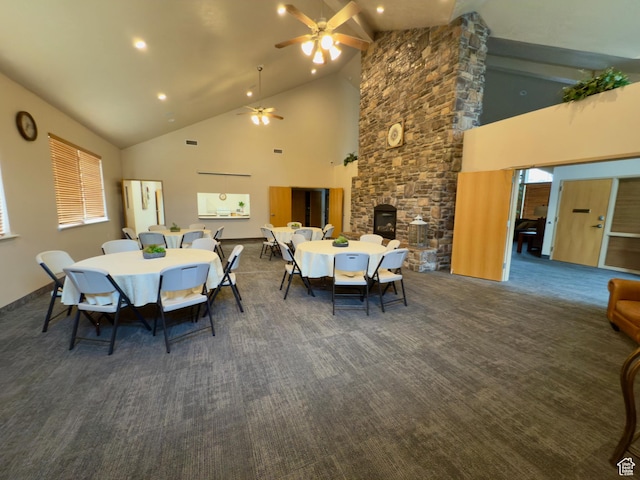 3322 N 750 E, Lehi, UT 84043 - carpeted dining room featuring high vaulted ceiling, ceiling fan, beamed ceiling, recessed lighting, and a fireplace