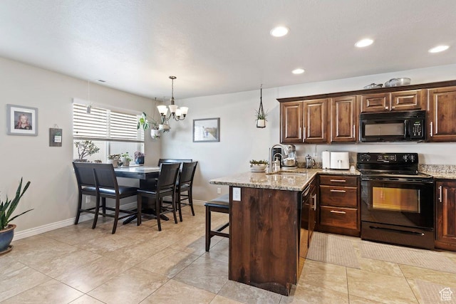 1064 W 2050 S, Syracuse, UT 84075 - kitchen featuring black appliances, a peninsula, a sink, a chandelier, and baseboards