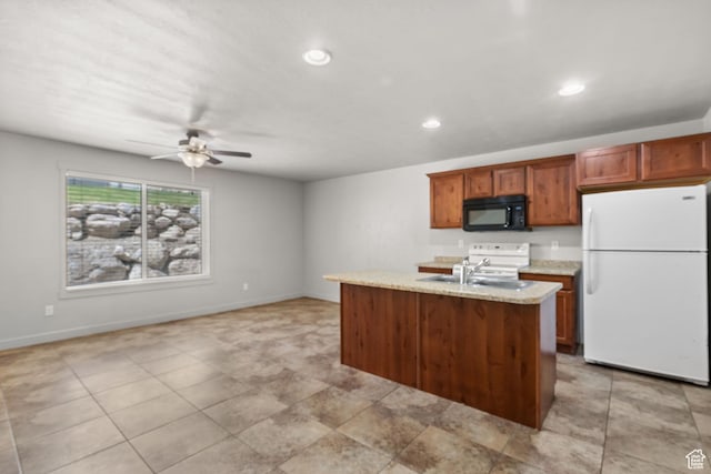 14383 S Firgrove Way Unit 0L-18, Herriman, UT 84096 - kitchen with white appliances, ceiling fan, recessed lighting, an island with sink, and a sink