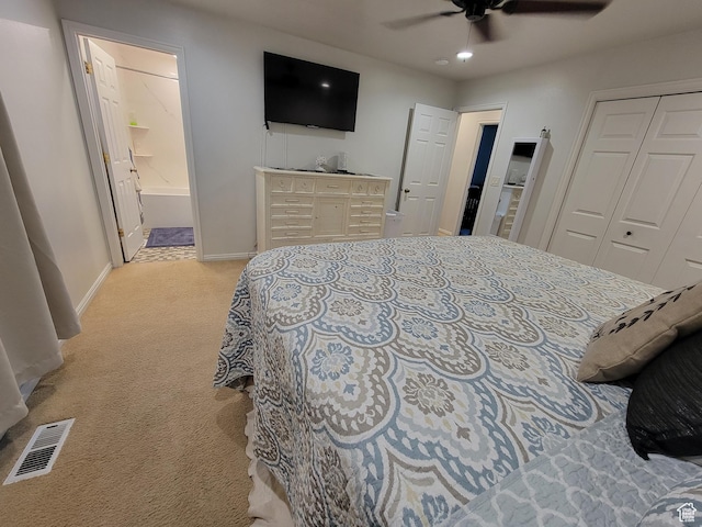 264 W 550 N, Santaquin, UT 84655 - bedroom with light colored carpet, baseboards, a closet, ensuite bathroom, and a ceiling fan