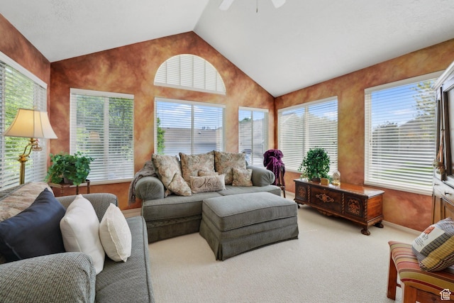 2082 W Jordan Villa Dr, West Jordan, UT 84088 - carpeted living room featuring lofted ceiling and ceiling fan