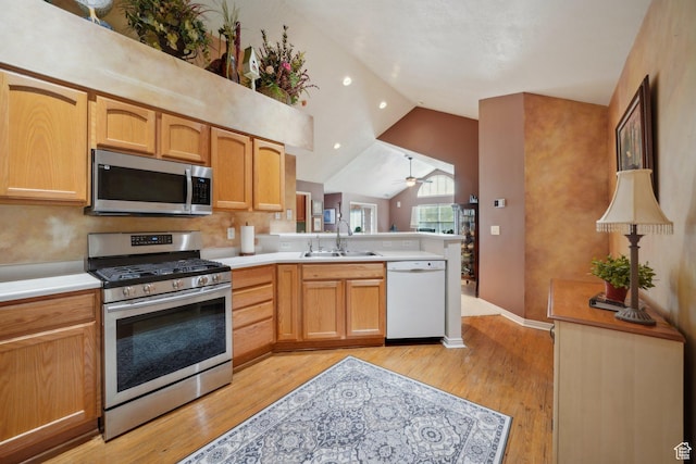 2082 W Jordan Villa Dr, West Jordan, UT 84088 - kitchen with stainless steel appliances, a sink, lofted ceiling, a peninsula, and light wood-type flooring