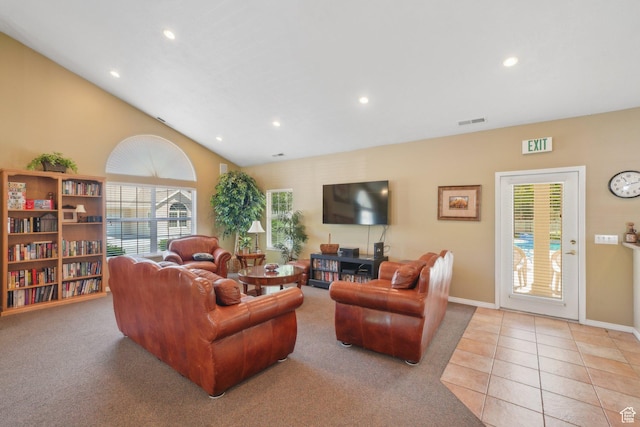 2082 W Jordan Villa Dr, West Jordan, UT 84088 - living area with recessed lighting, light colored carpet, baseboards, light tile patterned flooring, and vaulted ceiling