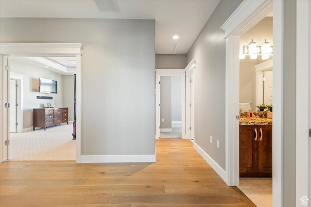 8176 S Chilwell Cv W, West Jordan, UT 84081 - hall featuring light wood-type flooring, baseboards, attic access, and recessed lighting