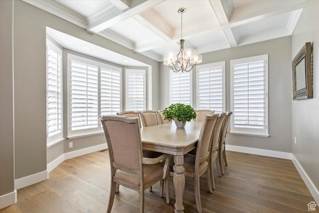 8176 S Chilwell Cv W, West Jordan, UT 84081 - dining area with coffered ceiling, healthy amount of natural light, a chandelier, baseboards, and light wood-style flooring