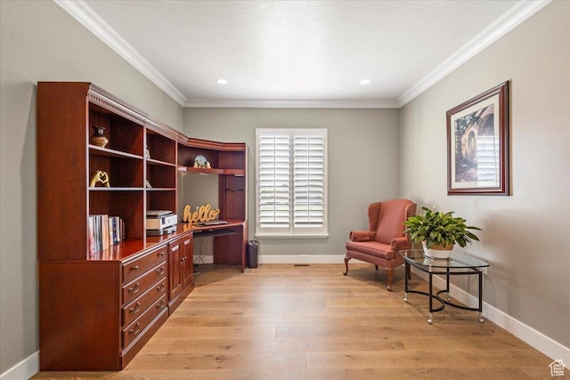 8176 S Chilwell Cv W, West Jordan, UT 84081 - living area featuring ornamental molding, an office area, light wood-style flooring, baseboards, and recessed lighting